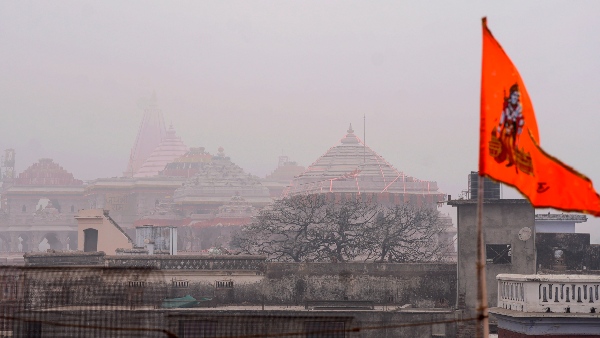 ram mandir ayodhya on a foggy morning