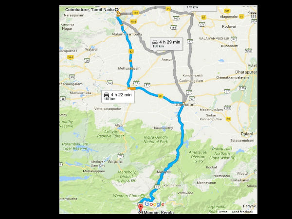 Route from Coimbatore to Munnar