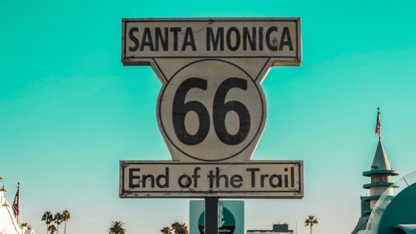 End Of Trail sign at Santa Monica Pier marking end point on Route 66 End Of Trail sign at Santa Monica Pier marking end point on Route 66