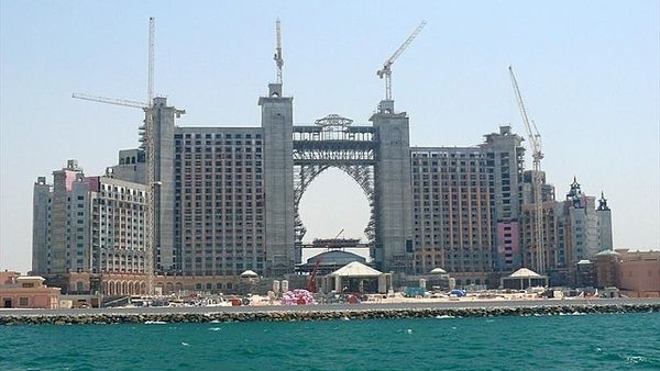 Construction process of Palm Jumeirah showing dredgers reclaiming land from the sea