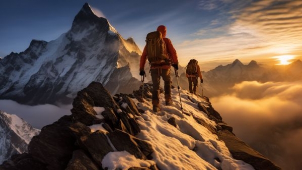 Mountaineer ascending Mount Kanchenjunga under harsh weather conditions