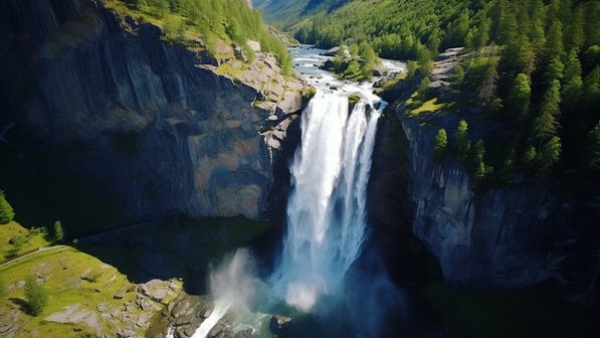 Powerful flow of water at the base of Mardalsfossen waterfall Powerful flow of water at the base of Mardalsfossen waterfall