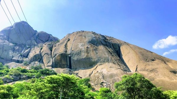 A panoramic view of Savandurga during sunset