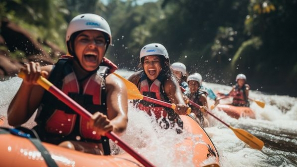 Alt: Adventurous tourists challenging the fierce waves while white-water rafting in the Mhadei River