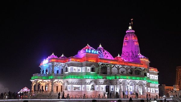 Alt image showing the magnificent night view of Prem Mandir beautifully illuminated Alt image showing the magnificent night view of Prem Mandir beautifully illuminated