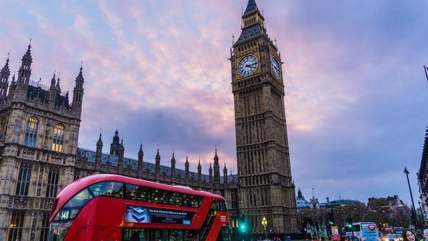 Alt Text: Breathtaking view of Londons city centre skyline at sunset