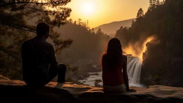 An enamoured couple revelling in Uttarakhands picturesque fall view An enamoured couple revelling in Uttarakhands picturesque fall view