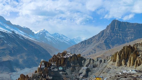 Clear star-studded sky over the snowclad mountains of Spiti Valley