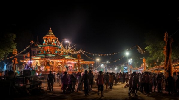 Decorative and festive temple atmosphere during Janmashtami