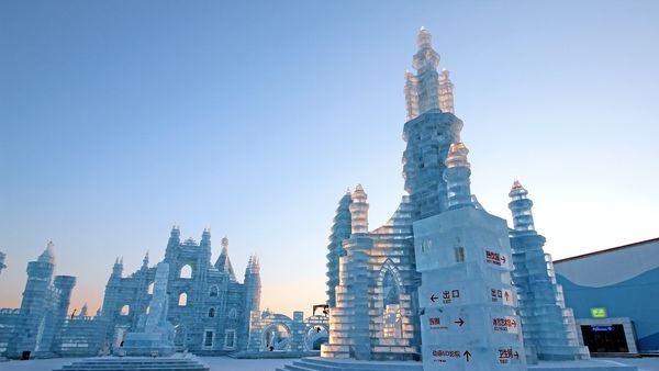 Illuminated ice sculptures at Harbin Ice Festival