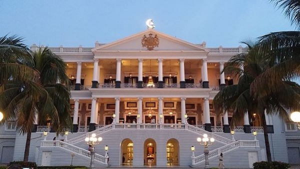 Image of remarkable Taj Falaknuma Palace with a twilight sky backdrop Image of remarkable Taj Falaknuma Palace with a twilight sky backdrop