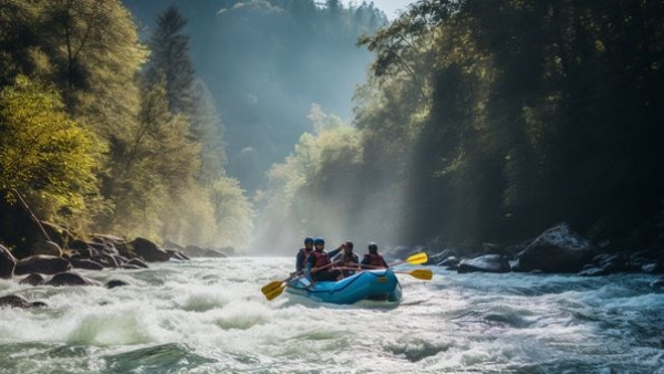 Tourists enjoying the thrill of tackling raging rapids in the picturesque Sitanadi river Tourists enjoying the thrill of tackling raging rapids in the picturesque Sitanadi river