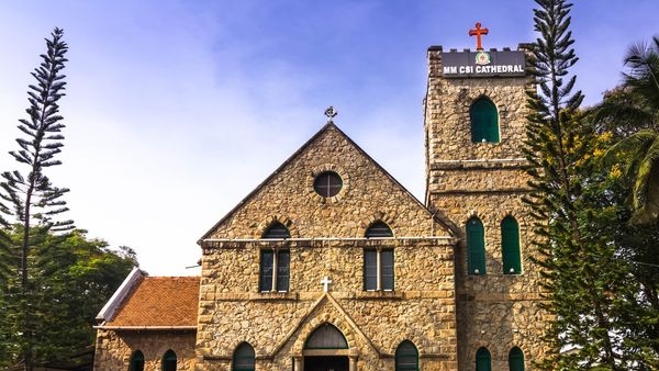  Image: Sparkling lights and decorations adorn the facade of a historic church in Kerala during Christmas 