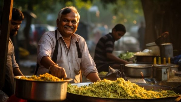 A close up of Fafda-Jalebi and Khaman-Dhokla, a typical breakfast in Ahmedabad.