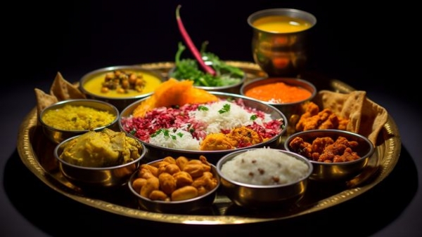 A vibrant and colourful Gujarati Thali with multiple dishes.