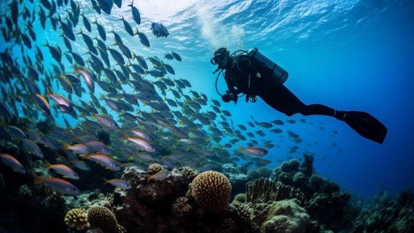 An underwater shot of a diver exploring the beautiful coral reefs in Kiribati