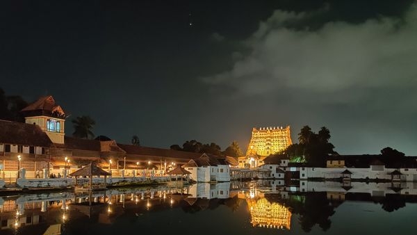 A scenic view of Padmanabha Swamy Temple along with members of Travancore royal family in traditional attires A scenic view of Padmanabha Swamy Temple along with members of Travancore royal family in traditional attires