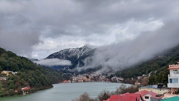 Panoramic view of Naini Lake surrounded by mountains in Nainital Panoramic view of Naini Lake surrounded by mountains in Nainital