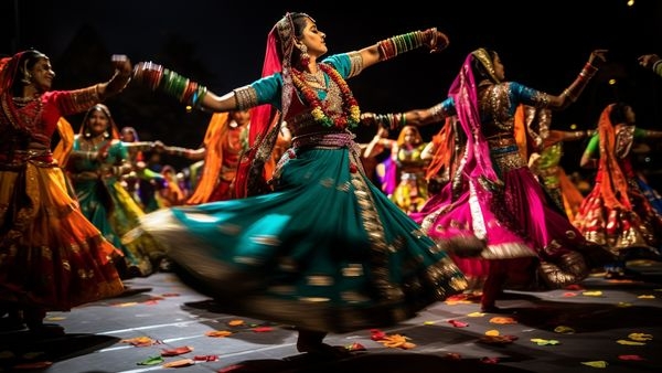 People celebrating the vibrant and traditional Navratri festival in Rajkot, Gujarat, India
