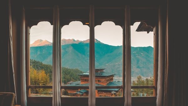 Scenic view of a beautifully adorned Bhutanese monastery Scenic view of a beautifully adorned Bhutanese monastery