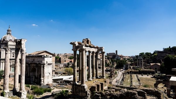 The Pantheon, Roman Forum, and Colosseum in the ancient city of Rome, Italy