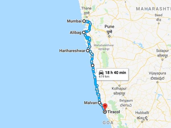 മുംബൈയിൽ നിന്നും അലിബാഗ് - ഹരിഹരേശ്വർ വഴി തേരേകോളിലേക്ക്