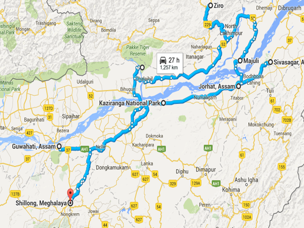 கவுகாத்தி - நமேரி - ஜிரோ - மஜூலி - சிவசாகர் - காசிரங்கா - சில்லாங் - சிரபுஞ்சி 