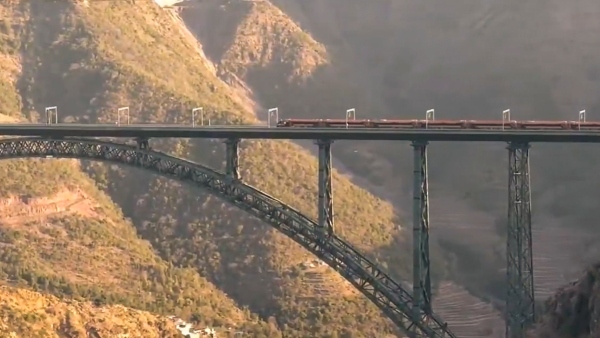 Vande Bharat Express train on the Chenab Rail Bridge in Jammu amp amp Kashmir