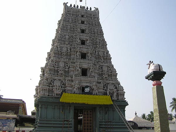 దేవాలయం ముందు భాగంలో రెండు నందులు ఉండగా 